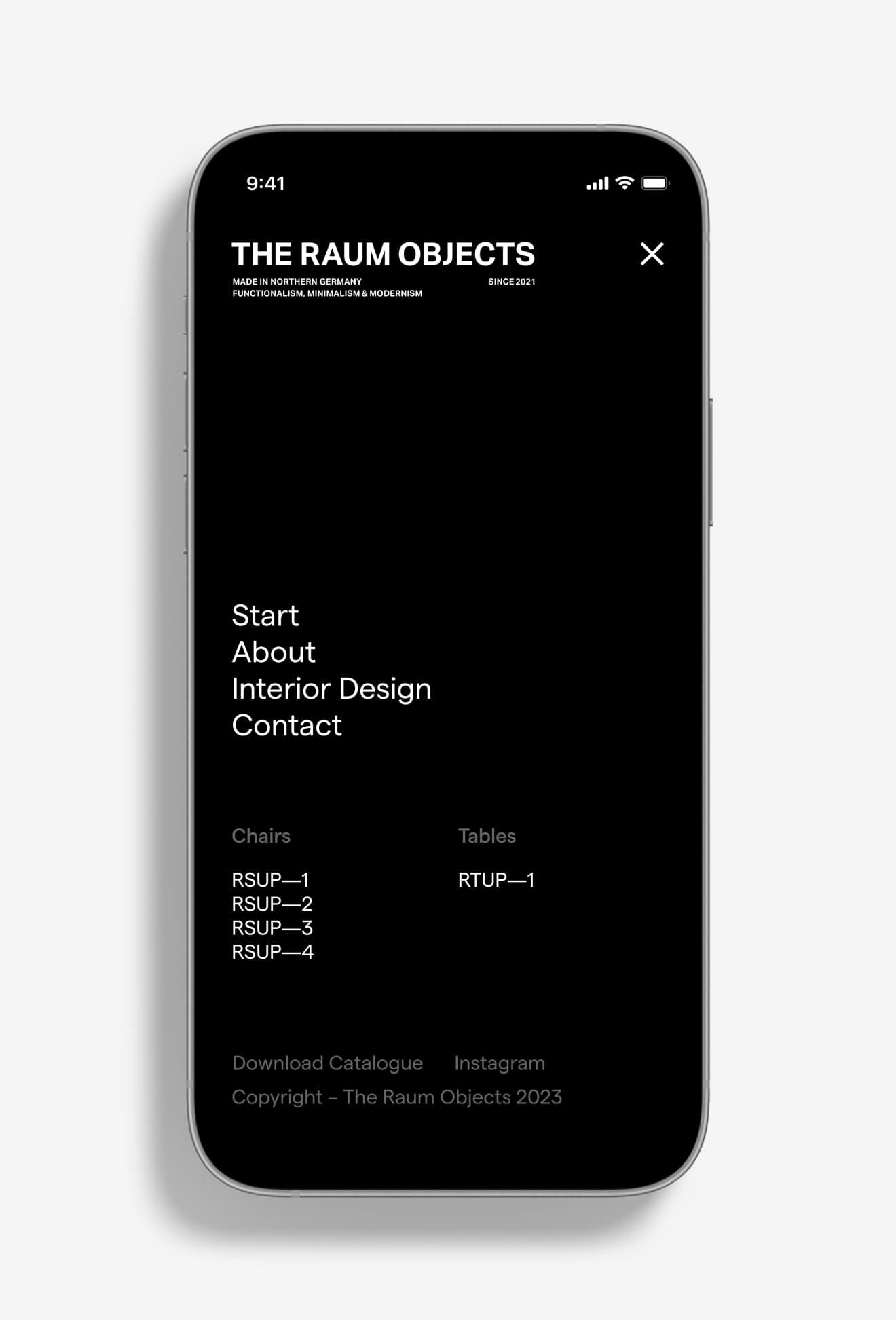 A phone mockup with the site’s navigation